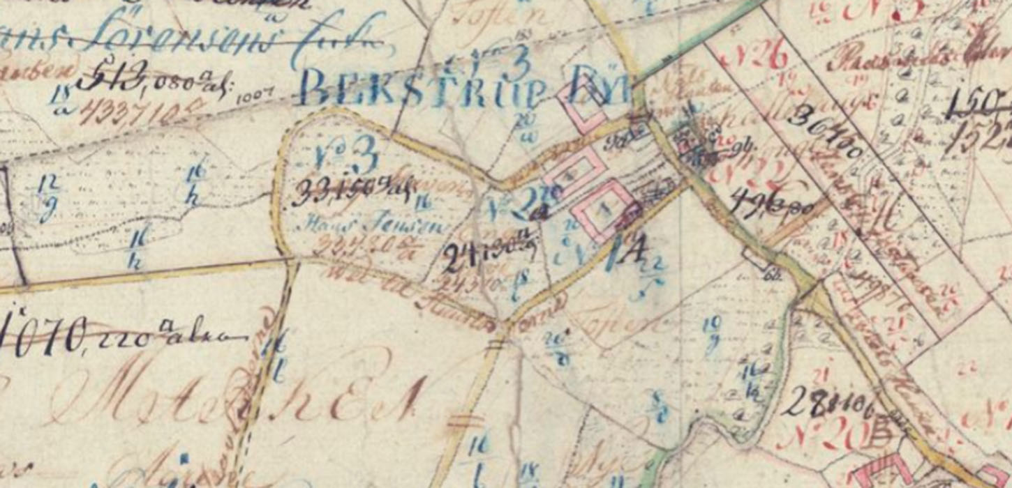 Gammelt kort over Bækstrup fra 1809. 