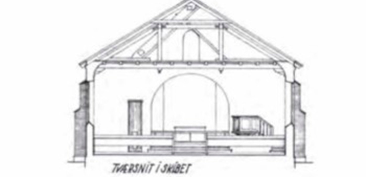 Tegning af Hjulby kirke med kakkelovn og skorsten.