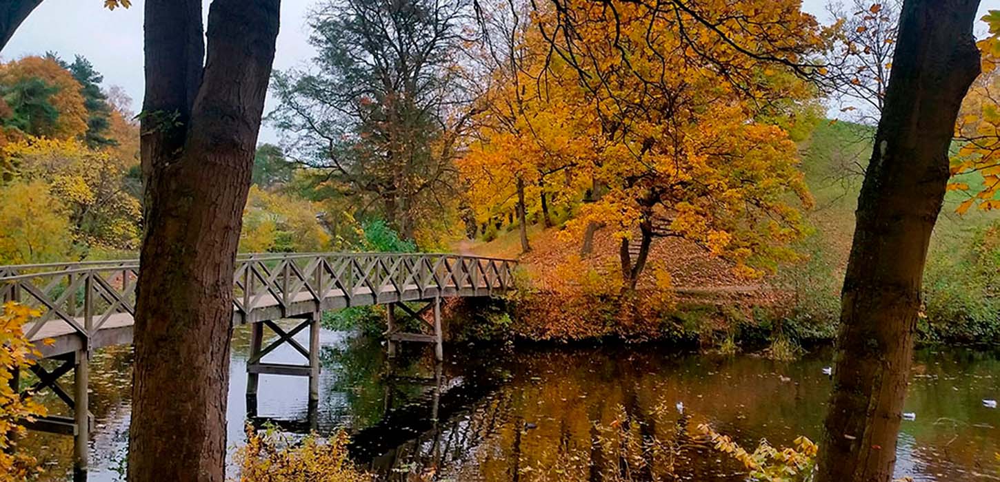 Billedet viser broen ved Nyborg Voldanlæg ved efterårstid. 