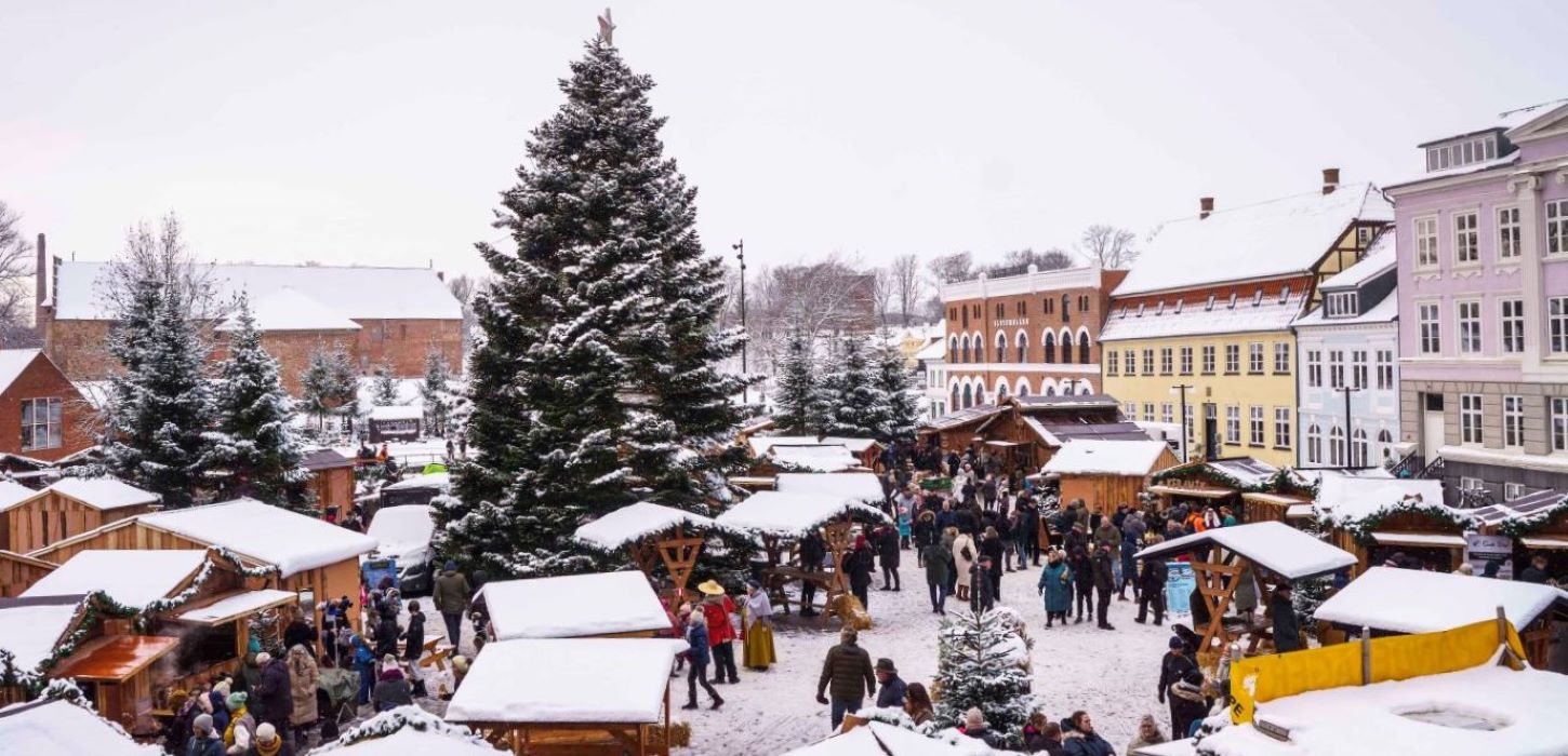 View of the snowy Christmas market in the old royal city, Nyborg