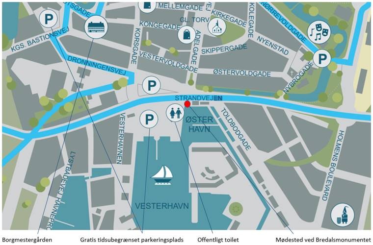 Kort til praktisk information om din tur til Sprogø - parkering - toilet - mødested