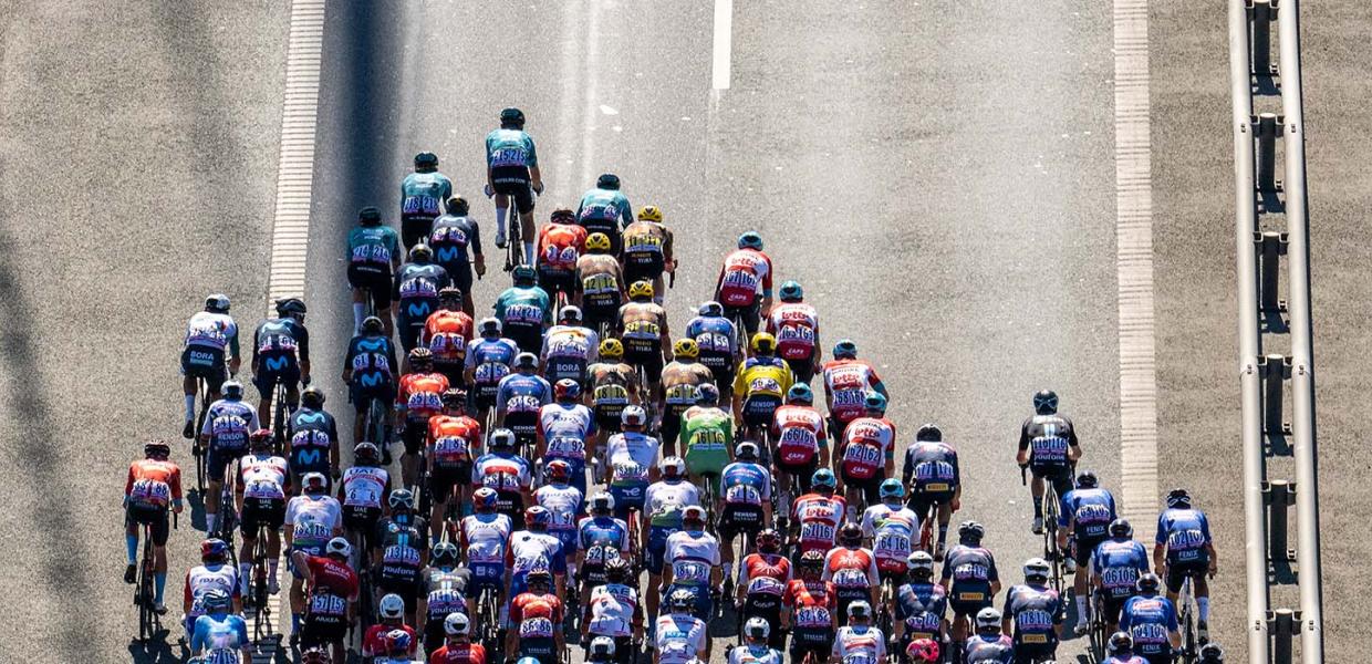 The riders crossing the Great Belt Bridge during Tour de France