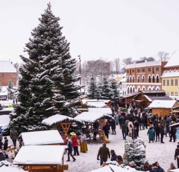 View of the snowy Christmas market in the old royal city, Nyborg