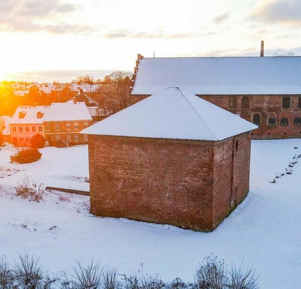 Sunset over a snow-covered Nyborg Castle